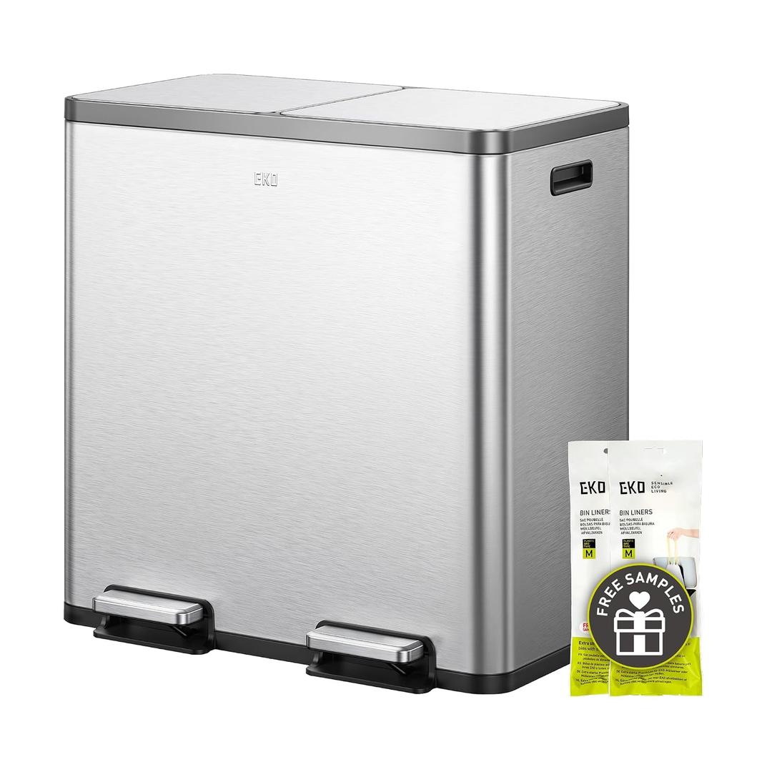 EKO EcoCasa Plus 2 x 10.6 Gal Dual Recycling Trash Can for Kitchen, Large Stainless Steel Step-On Garbage Can with Soft-Close Lids, Odor-Proof and Fingerprint-Resistant, Removable Buckets with Handles