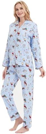 GLOBAL Women's Flannel Pajamas Set 100% Cotton PJs for Women Long Sleeve Button Drawstring Waist Warm Loungewear Sleepwear, Large