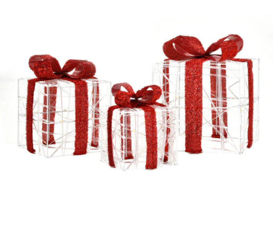  3 Pieces Christmas Lighted Gift Boxes Decorations with 60 LED Lights for Indoor and Outdoor