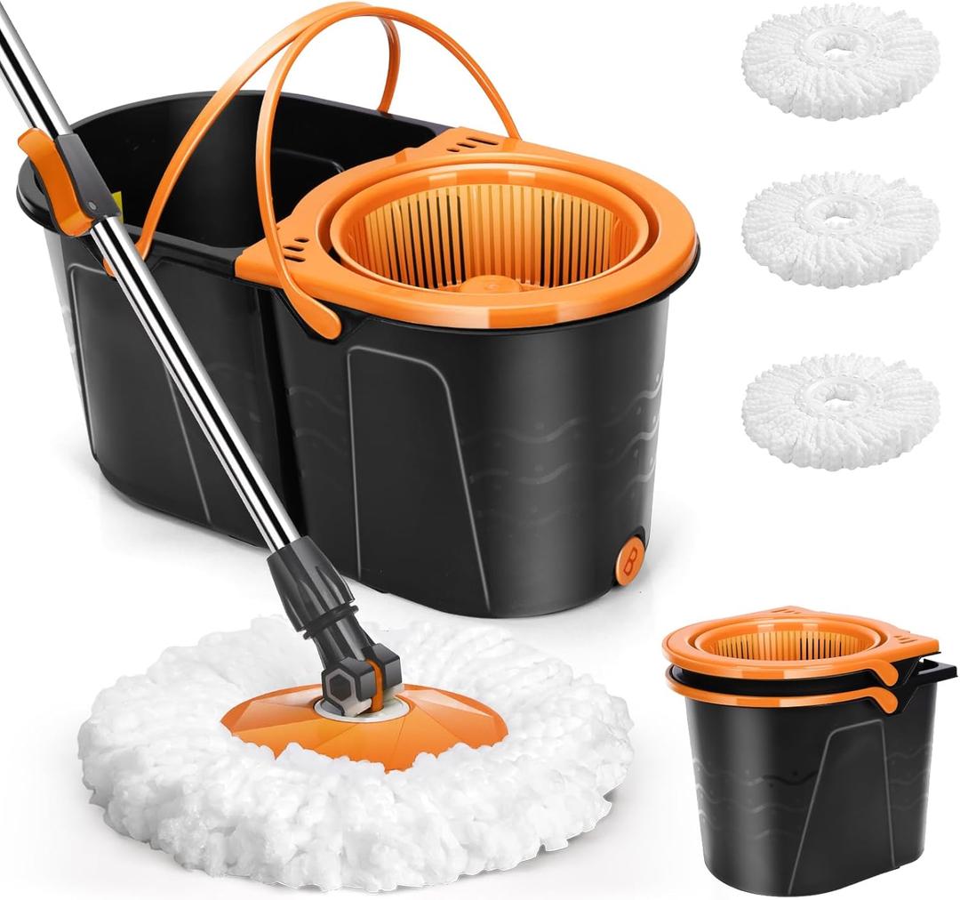 Spin Mop and Bucket with Wringer Set, Double Bucket Separate Dirty Water, 360 Spinning Mop System with 3 Microfiber Mop Heads, Clean Water Mop Set for Floor Cleaning