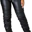hibshaby Pleather Pants for Women Plus Size, Sexy Club Faux Leather Pants Bodycon High Waist Ruched Stacked Legging Black XL