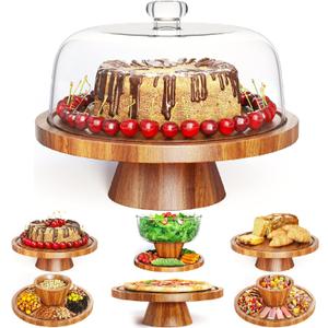 Acacia Wood Cake Stand with Lid - 12in Round Cake Holder, 2-in-1 Dessert Table Display Set & Charcuterie Board for Cheese, Chips & Dips, Nachos, Fruit Platter, Large Acrylic Cake Dome Cover