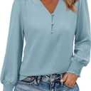 Long Sleeve Shirts for Women V Neck Fall Tops 2025 Trendy Dressy Casual Smocked Cuffs Outfits Cute Tunic Fashion Blouses Clothes Light Blue S (Blue, S)