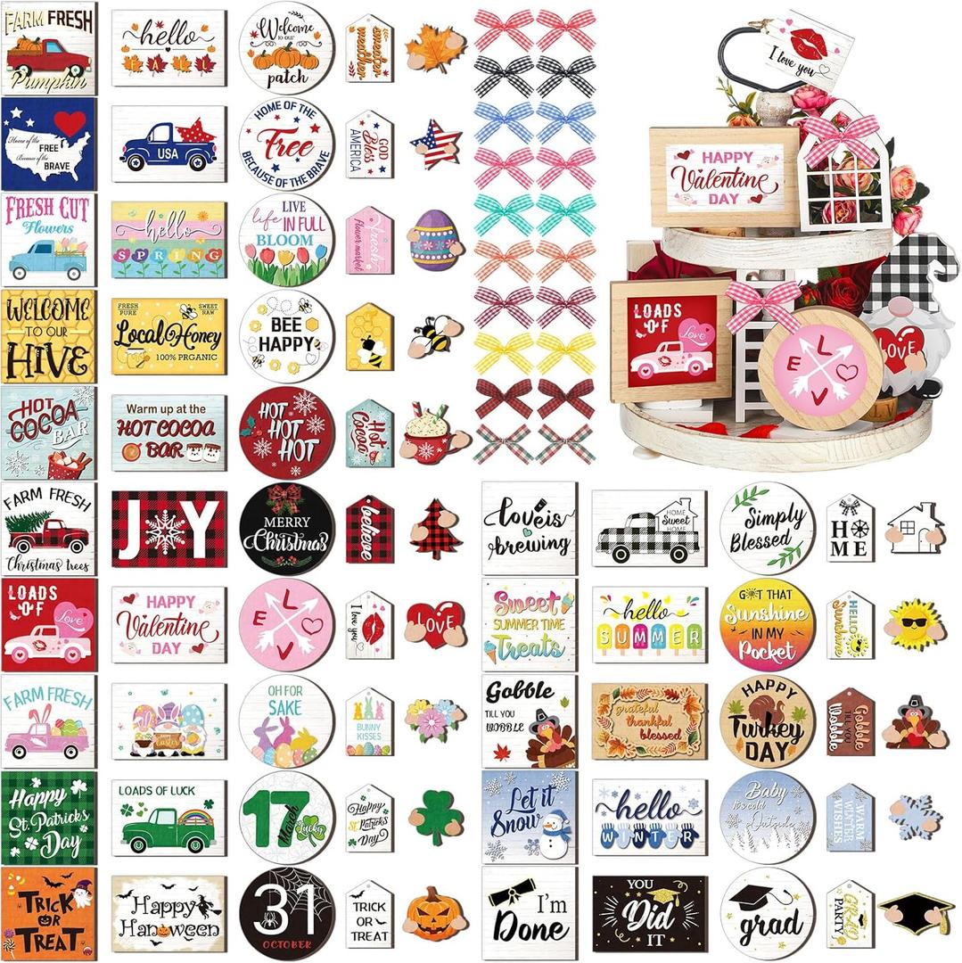 Kigley 70 Pcs Valentines Day Interchangeable Seasonal Tiered Tray Decor Set Farmhouse Holiday Tiered Tray Interchangeable Tabletop Decor for Holiday Kitchen Seasonal Home