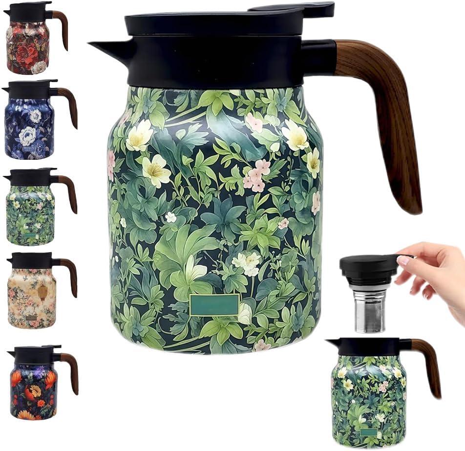 Vintage Floral Pattern Tea Pots Built-in Infuser,Vintage Floral Teapot with Built In Infuser Stainless Steel Thermal Carafe with Lid for Hot Drinks,Green(Wooden Handle, 35oz)