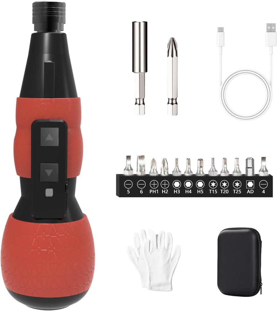 Mini Electric Screwdriver Set,Hillyfe 2500mAh Electric Screwdriver Cordless with LED Light, 13 Magnetic Bits, Extension Rod, Gloves, Storage Case,for Furniture/Electrical Repairs,Red