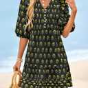 Wenrine Womens Mini Dresses Casual Ruffle 3/4 Lantern Sleeve Floral V Neck Loose Boho Babydoll Dress Black (S)