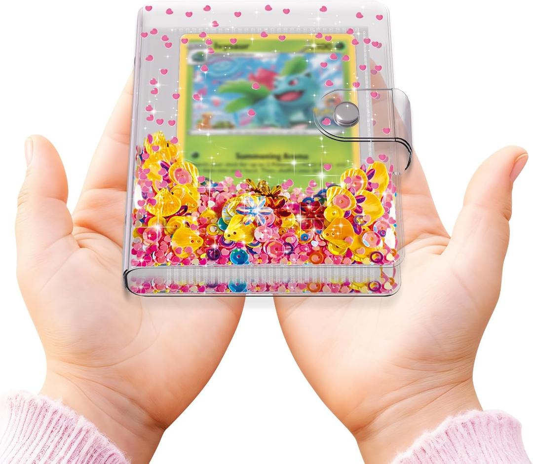 Transparent Pink Card Binder for Pokemon, Cute Card Binder for Game Cards Trading Cards, Small Card Booklet for 3~10 Year Girls Gifts, Stocking Stuffers (Holds 60 Cards)