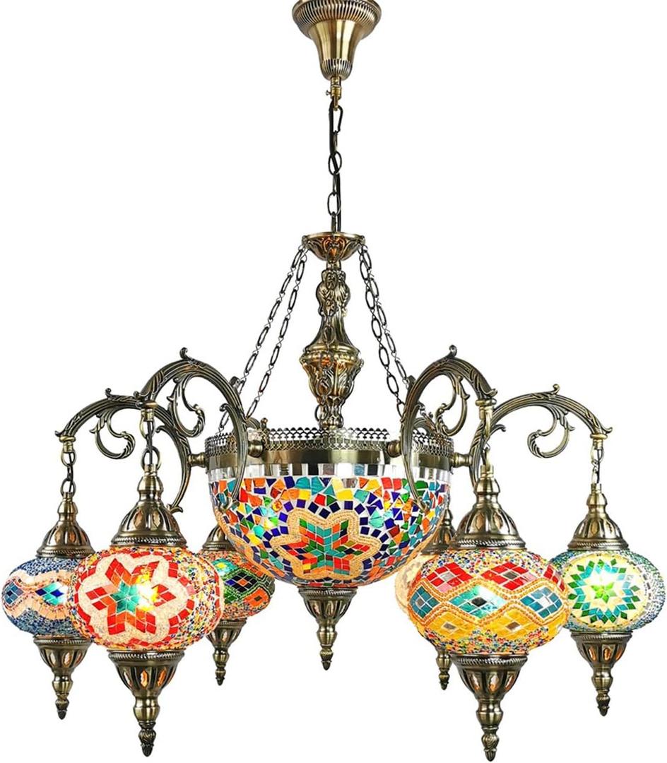 Fiunkes 6+1 Globes Turkish Moroccan Mosaic Chandelier Handmade Pendant Light Fixture Decorative Bohemian Hanging Ceiling Lamp for Living Room, Bedroom, Cafe, Bar, W31″H36″