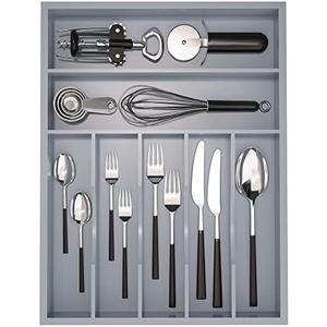Utensil Organizer Silverware Drawer Organizer - 7 Slots Bamboo Utensil Tray Multifunctional Small Silverware Organizer for Kitchen Utensils, Garage Tools, Makeup Storage W13”x L17” (Grey)