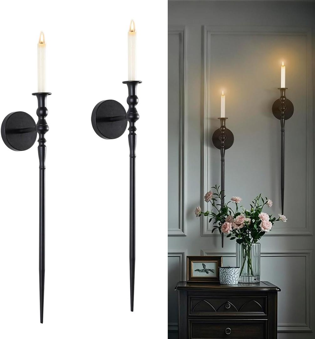Tim&Lin Wall Sconce Candlestick Holder Set of 2, Large Black Scepter Gothic Design Metal Wall Candle Holder, Home Wall Decoration for Living Room, Bathroom, Dining Room