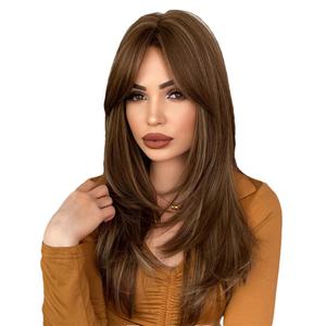7JHH WIGS Honey Blonde Wig with Bangs Long Brown Wigs for Women,Layered Heat Resistant Synthetic Wigs for Daily Use