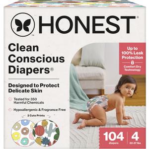 The Honest Company Clean Conscious Diapers for Delicate Skin | Up to 100% Leakproof | Hypoallergenic, Fragrance Free | Gender Neutral | Super Club Box, Size 4 (22-37 lbs), 104 Count (Prints May Vary) (Donut Grow Up + Cactus Cuties)