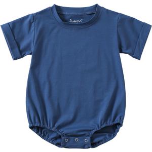 Jimonda Baby Boy Girl Bubble Romper Solid Color Bodysuit Short Sleeve Cotton T-Shirt (Blue, 18-24 M)
