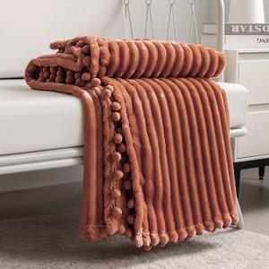 DISSA Fleece Blanket Twin Size  60x80, Caramel  Soft, Plush, Fluffy, Fuzzy, Warm, Cozy  Perfect Throw for Couch, Bed, Sofa - with Pompom Fringe - Flannel Blanket Throw Blanket