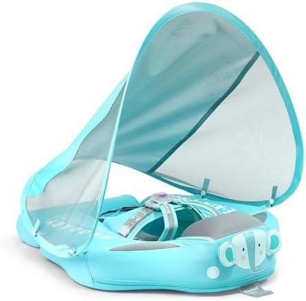 Mambobaby Baby Swim Float with Canopy & Tail Infant Pool Float Non-Inflatable Toddler Swim Float with Skin-Friendly Material for 3-24 Months Baby Boys Girls Elephant Green
