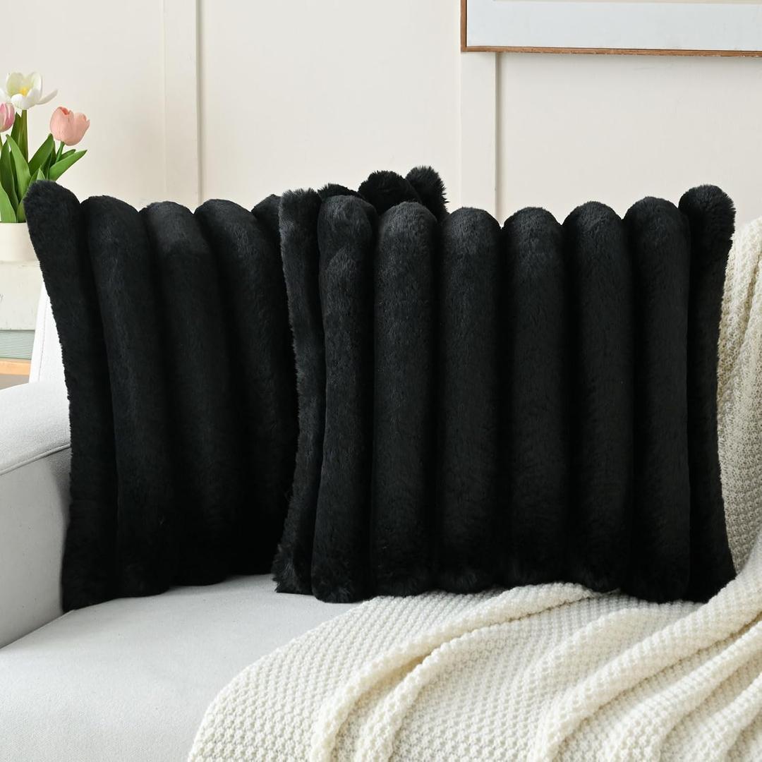 FUTEI Black Decorative Throw Pillow Covers 20x20 Inch Set of 2, Square Soft Faux Rabbit Fur Thick Striped Cushion Cover,Spring Home Decor for Couch Bed Living Room