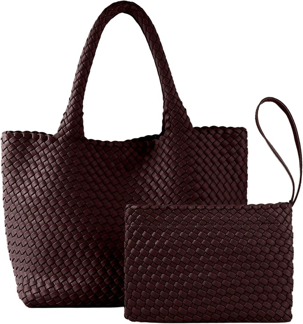 SporGenius Woven Tote Bag for Women, Vegan Leather Handwoven Bags with Small Purse, Large Braided Purses Top Handle Handbags (Coffee)