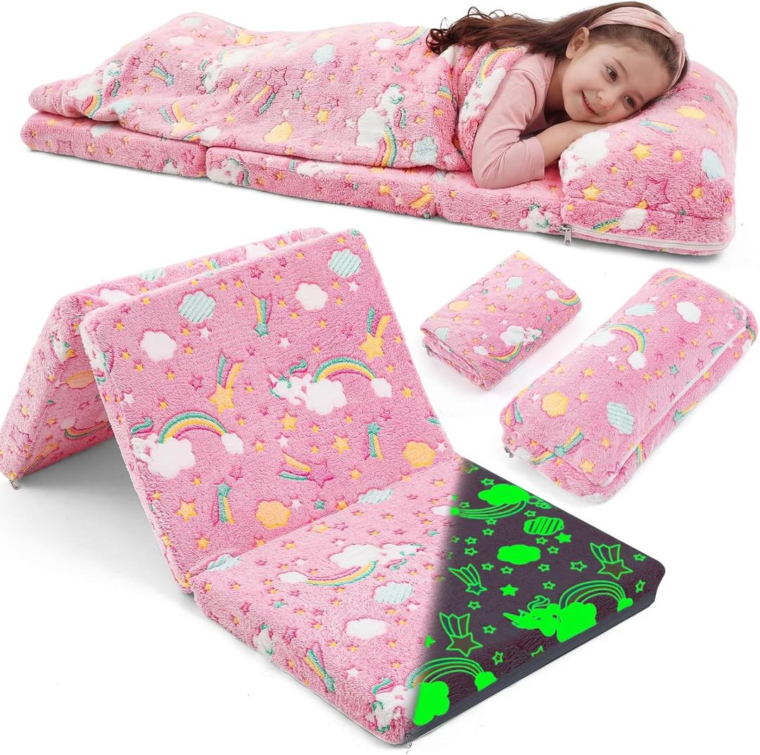 Preschool Nap Mat with Pillow and Blanket, 21" x 50" Glow Sleeping Bag Toddler Nap Mat for Daycare Kids, 2" Thick All in one Foldable Floor Mattress for Girl Boys