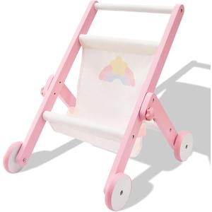 FUNLIO Wooden Doll Stroller for Toddlers 12 Months+, Adorable Pink Baby Doll Strollers for Pretend Play, Rounded Corner & Stable Triangular Structure, Easy to Assemble & Fold, CPC & CE Certified