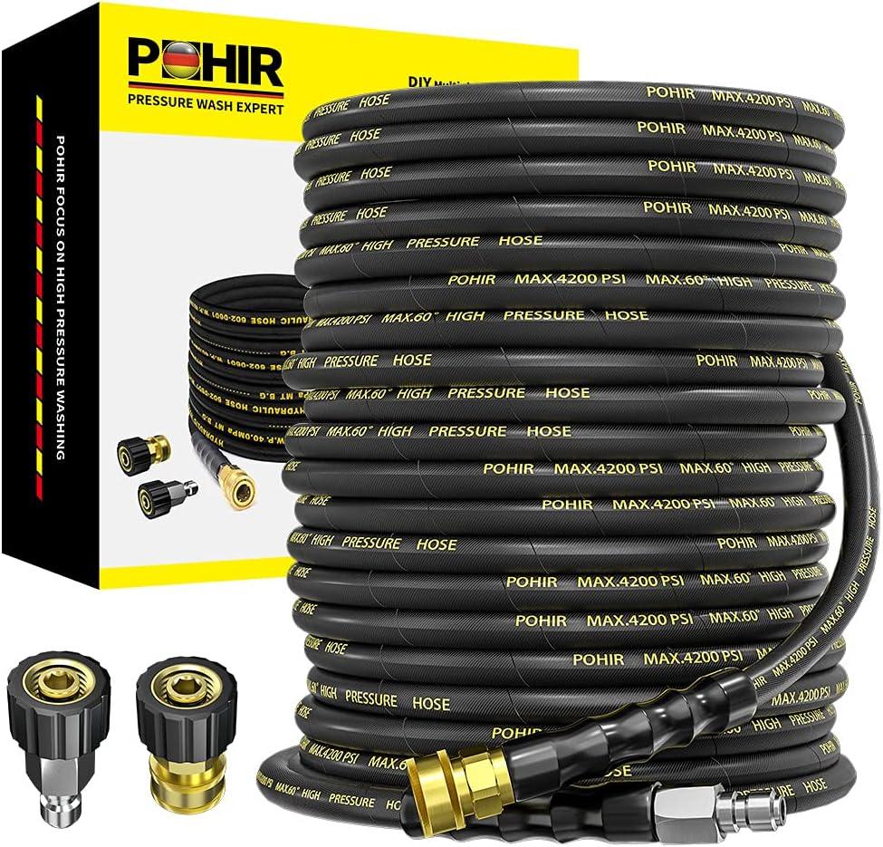 POHIR Power Washer Hose 125FT, High Pressure Washer Hose with 3/8'' Quick Connector, Steel Wire Braided Hose with 2 Quick Connect Kits Compatible M22 14 mm, Hose for Pressure Washer 4200 PSI