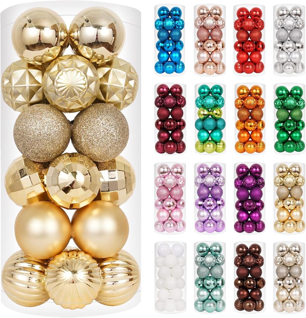 XmasExp 24ct Christmas Ball Ornaments Shatterproof Christmas Ornaments Set Decorations for Xmas Tree Balls 40mm/1.57 (1.57'', Gold)