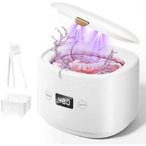 BRNMLD Ultrasonic Retainer Cleaner, 45kHz Sonic Retainer Cleaner Machine Dental Cleaning Pod for Dentures, Mouth Guards, Braces, Toothbrush Heads, Jewelry, 5 Modes for All Dental Appliances (White)