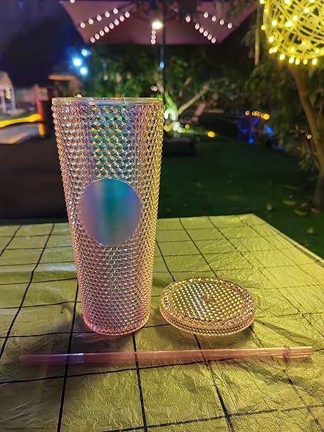 Studded Tumbler with Straw 24 oz Tumbler with Lid and Straw, Textured Plastic Tumbler Double Wall BPA Free for Iced Coffee, Cold Drinks or Water, 24 oz, Pink