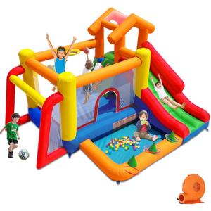 Baralir 7-in-1 Bounce House for Kids 310, Bouncy Castle with Long Slide, Kiddie Pool (Ball Pit), Soccer Goal, Climbing Wall, Basketball Hoop and Ring Toss Game - for Indoor or Backyard Fun