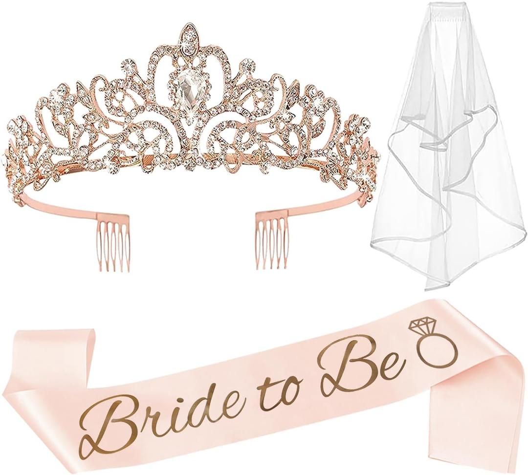 3 Packs Bachelorette Party Decorations Kit, Bridal Shower Crown/Tiara, Bride to Be Sash&Veil for Women Bachelorette Party Gifts, Bridal Shower Party Supplies (Rose Gold)
