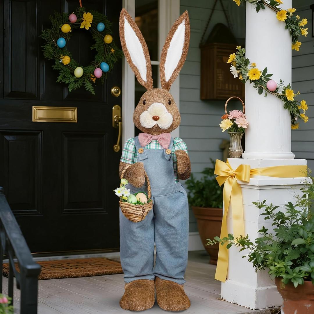 DR.DUDU 4FT Outdoor Easter Decorations for Porch & Home, Extra Large Easter Bunny-Sisal Rabbit, Standing Tall Bunny Statue with Eggs for Outside, Spring Decor (Boy)