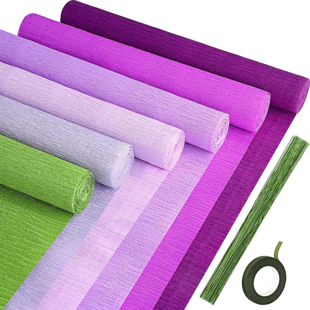 Gersoniel 57 Pcs Crepe Paper Flower DIY Kits 6 Rolls 35g Papel Crepe Sheets 50 Pcs Floral Iron Wire 10 Inch x 8 Feet 1 Roll 50 Meter for Birthday Party Wedding(Purple and Green Series)
