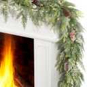 JOJOLEE 72inch Prelit Christmas Garland with Timer Light, Battery Operated Snowy Cedar Evergreen Garland with Frosted Pine Cones, Mixed Cedar Pine Branches, 8 Lighting Modes for Mantle Staircase Decor