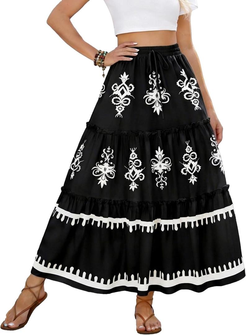 SOFIA'S CHOICE Western Boho Maxi Skirt for Women High Waisted Tiered A Line Flowy Long Skirts Beach Vacation (Black, M)