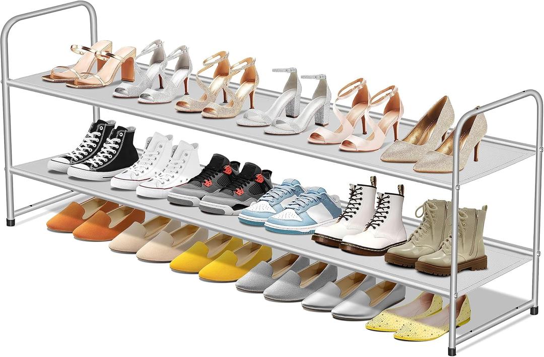 SLEEPING LAMB 2-Tier Long Shoe Rack Organizer for Closet, Stackable Wide Shoe Shelf Holds 18-Pairs Low Shoe Storage for Bedroom, Floor, Entryway (Grey) (11.4 x 42.5 x 18.7)