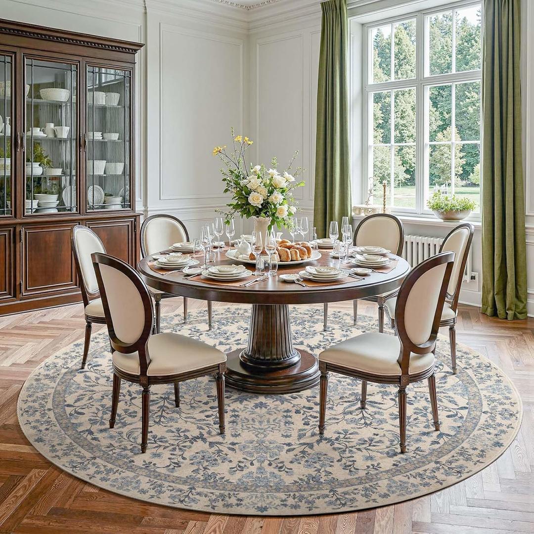 jinchan Zenith Round Rug 8ft Area Rug Soft 8'Round Vintage Floral Rug Non-Slip Low-Pile Machine Washable Carpet for Bedroom Dining Room Living Room Office Foyer Farmhouse Blue/Cream