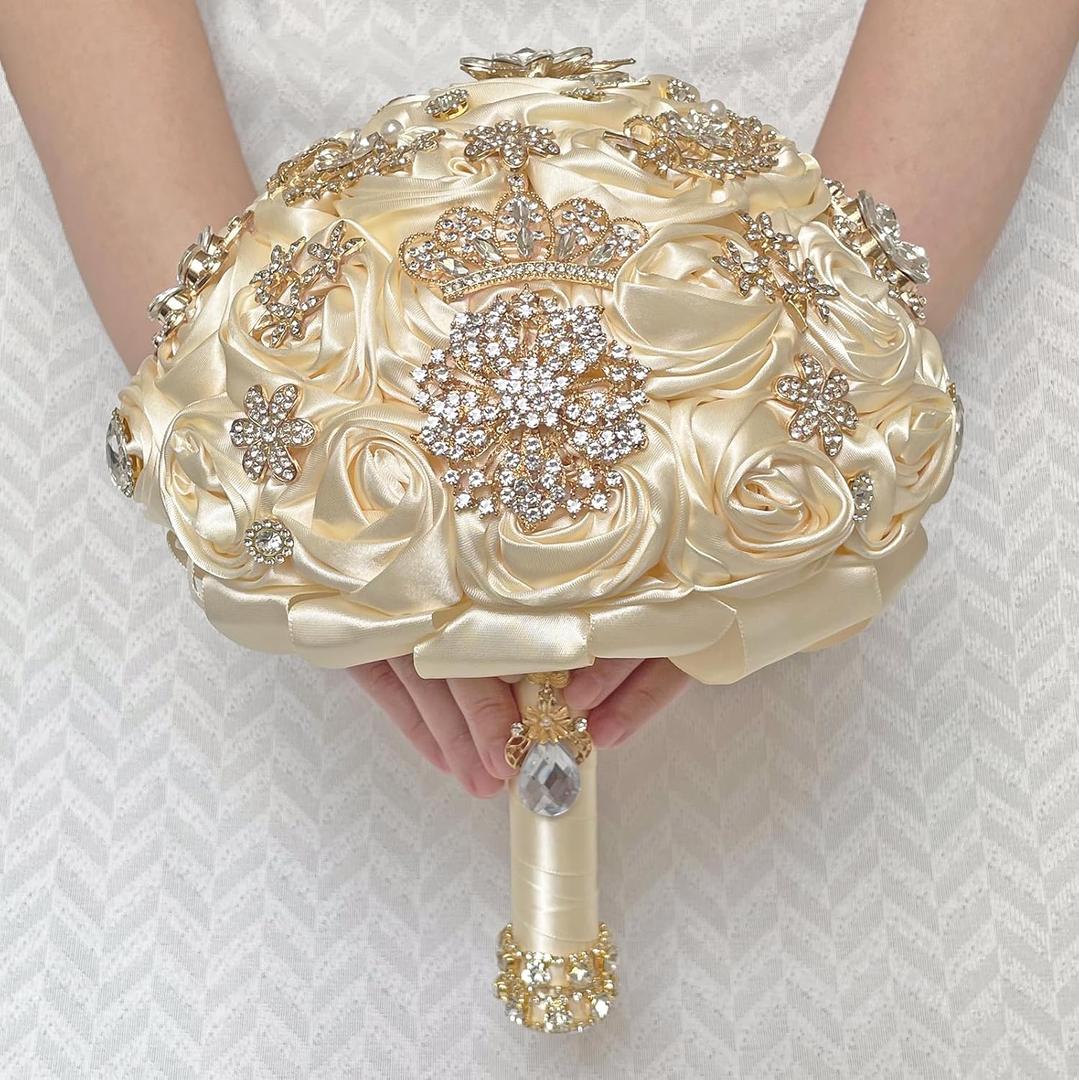 Handmade Satin Rose Floral Bling Pearl Decor Bridal Wedding Bouquet Rhinestone Pendant Artificial Brooch Flowers for Bride Bridesmaid Quinceanera (22 cm / 8.66 inch (popuplar), Beige)