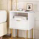 Masupu Nightstand with Charging Station,Mid-Century Modern Bedside Table with Storage Drawer and Open Wood Shelf,Small Gold Frame Side Table for Bedroom,Living Room (White)