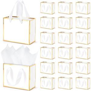 EQOREIIN 50 Pcs Small Metallic Foil Gift Bags with Handles, White Gold Thank You Favor Bag with Tissue Paper for Back to School Baby Shower Wedding Mother's Day Christmas Party (6.4x3.1x5.1 Inch)