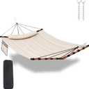 TegerDeger 12FT 2 Person Hammock with V Shaped Hardwood Spreader Bar & Nylon Rope for Outside, Patio, Garden, Backyard, Beach, Poolside, 450LB Capacity, 55in x 79in - Beige
