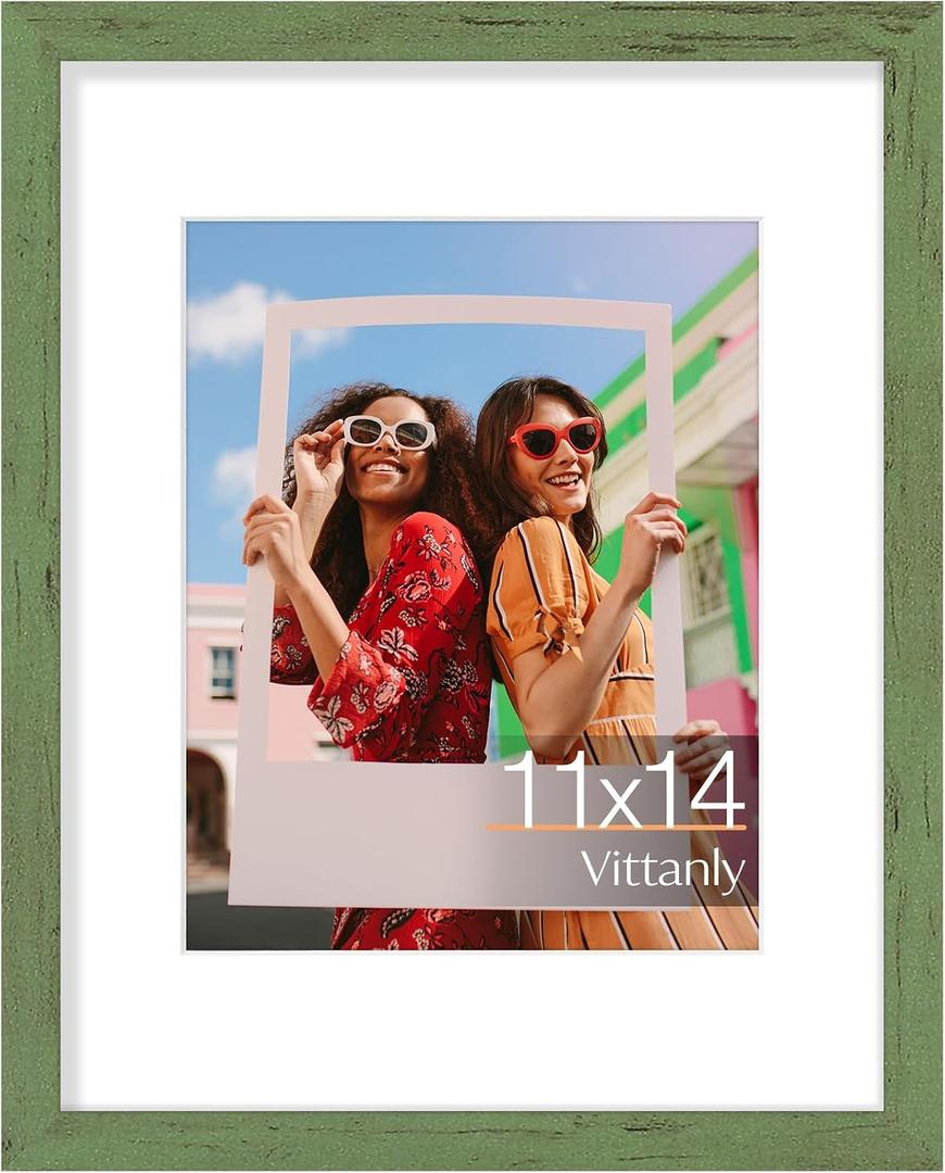 Vittanly 11x14 Picture Frame, Matted for 8x10 Photos, Rustic Green
