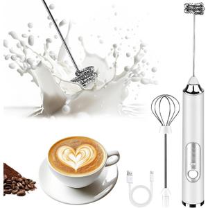Milk Frother Handheld, Rechargeable Coffee Frother Wand with 2 Stainless Whisks 3 Speeds, Drink Mixer, Electric Foam Maker, Hand Mixer for Lattes, Cappuccino, Matcha, Egg, White