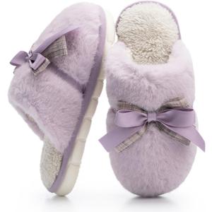 Cute Women's Memory Foam House Slippers - Fuzzy Plush Faux Fur Slippers with Bow Butterfly Tie - Anti-Skid Indoor/Outdoor Gifts for Women, Moms & Ladies (9-10, Purple)