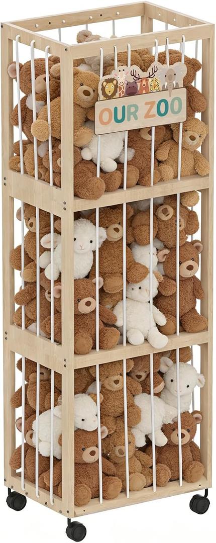 Stuffed Animal Zoo Storage with Wheels, Mobile Wooden Toy Organizer Cage with Elastic Band, Easy Assembly Large Capacity for Nursery Playroom Bedroom