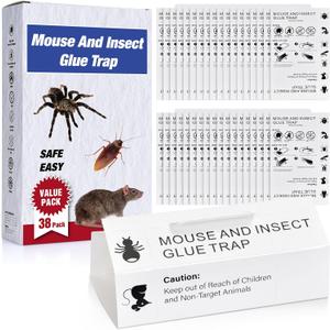 Mouse & Bugs Roach Spider Insect Traps, 38 Pack Glue Traps for Mice Ant Snake Rats, Sticky Pest Control Adhesive Tray for Catching, Sesame Oil Scent Non Toxic Pre-Baited Glue Boards Indoor Home
