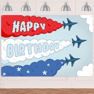 Airplane Happy Birthday Banner Backdrop Time Flies Sky Cloud Up And Away Themed Decor for Aviator Kids Boy Girl Aircraft Birthday Party Supplies Airplane Birthday Party Decorations Photo Booth Props
