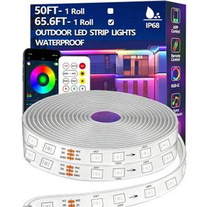 65.6FT Outdoor LED Strip Light Waterproof,IP68 Outside RGB Light Strip with App/Remote Control,Chase Mode,Music Sync Rope Light for Balcony,Deck,Rooftop,Garden,Pool