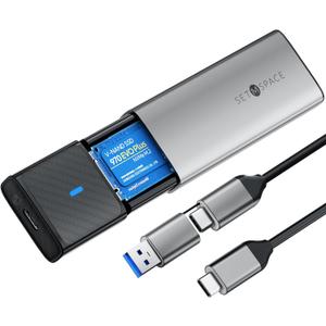 Tool-Free M.2 Enclosure USB C/USB A, Aluminum with 11.81in Cable, NVMe & SATA SSD Enclosure for M2 2230/2242/2260/228 in M-Key/(B+M) Key - Grey