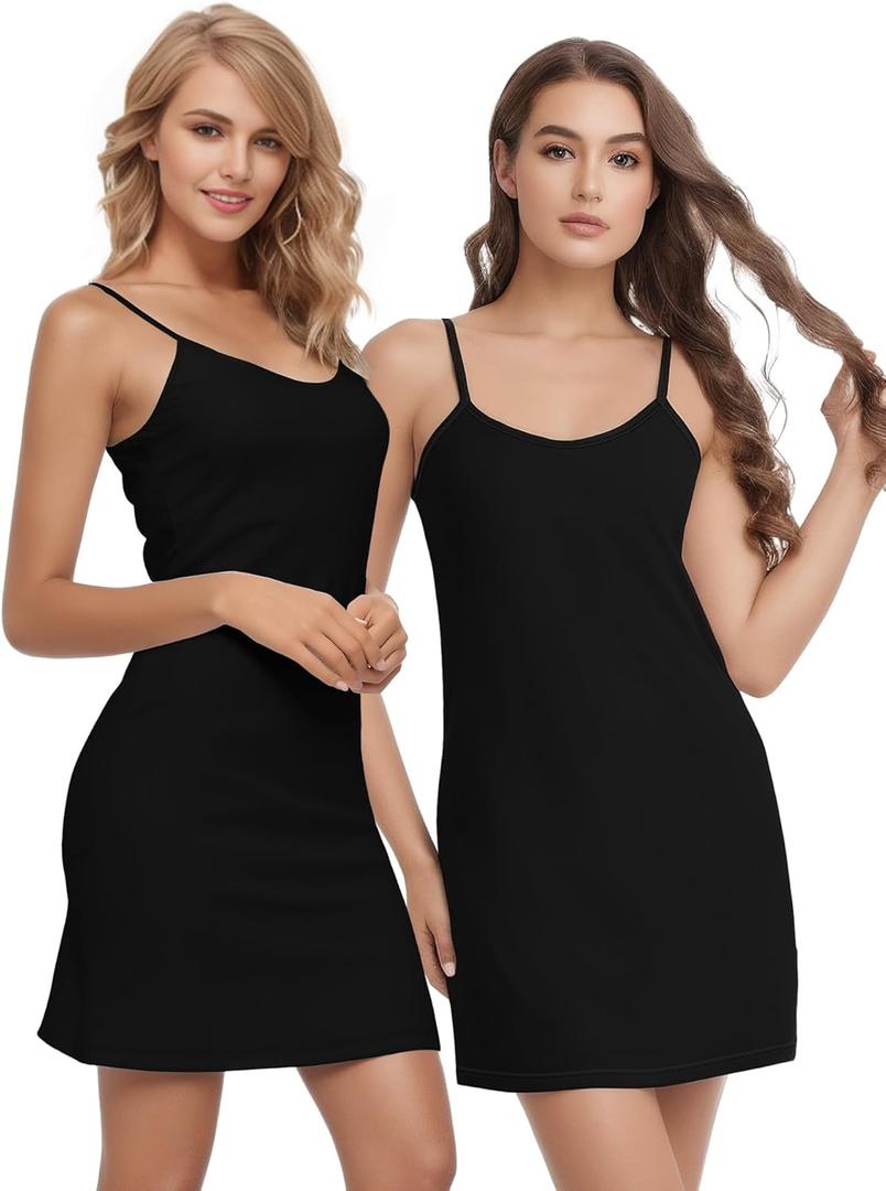 Buauty 2 Packs Slip Dress, Spaghetti Strap Dresses for Women, Cami Halter Neck Tank Plus Size Slips No Static (Small, 2 X Black)