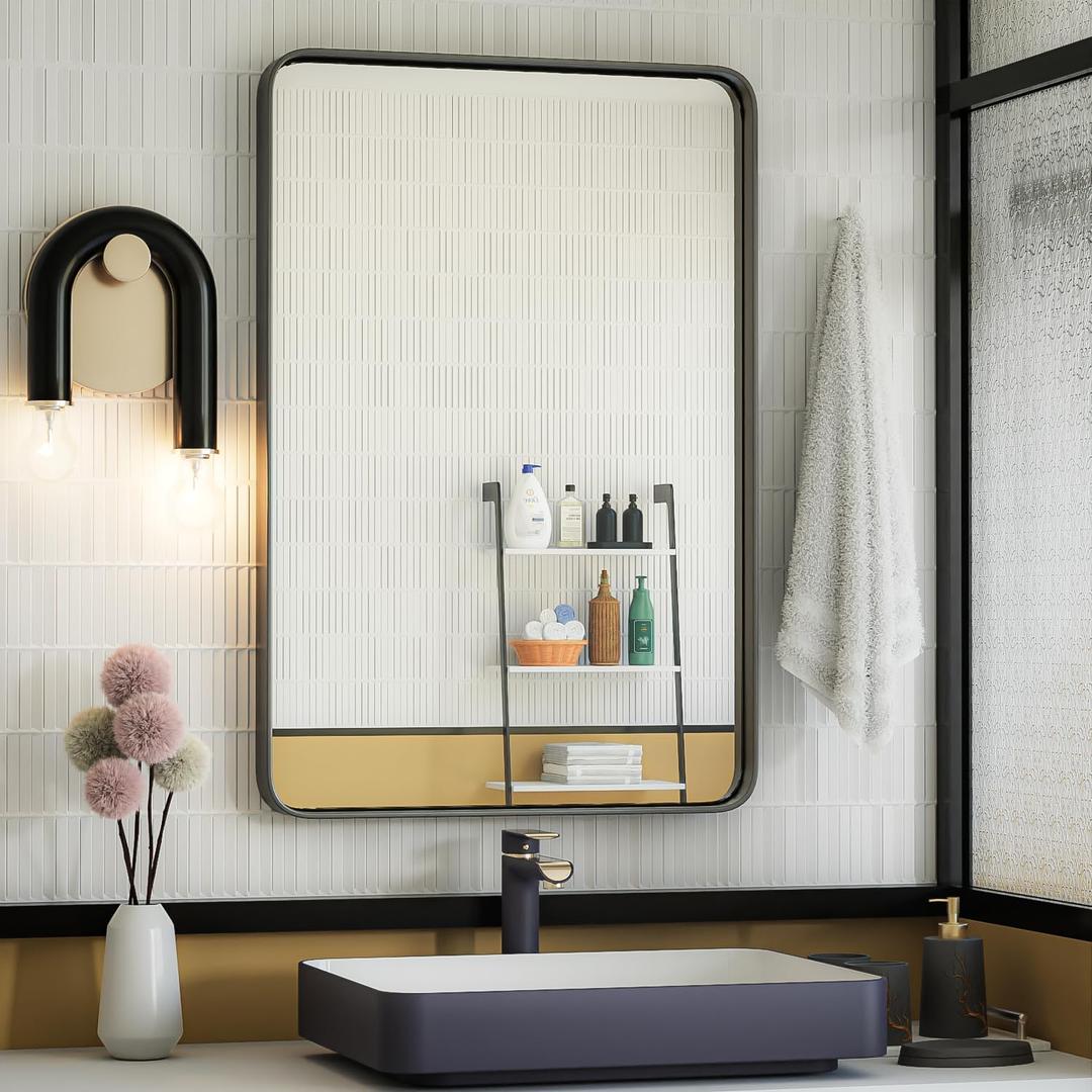 ISKM Black Framed Mirror for Wall 20"x 30", Bathroom Vanity Mirror Anti-Rust, Tempered Glass, Rounded Rectangle Mirror(Horizontal/Vertical)